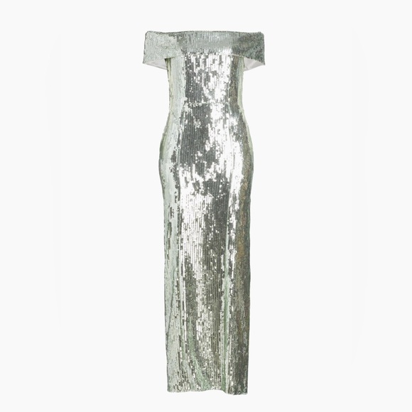 Galvan London 'Glencoe' Sequined Off-The-Shoulder Gown in Seaglass - Picture 2 of 6